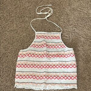 Embroidered Halter Top - White and Red